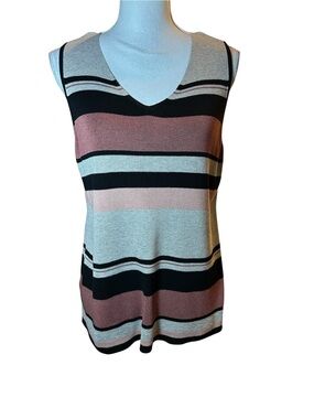 Chico's Striped V‑Neck Sleeveless Knit Tank in Dusty Rose, Black & Light Gray